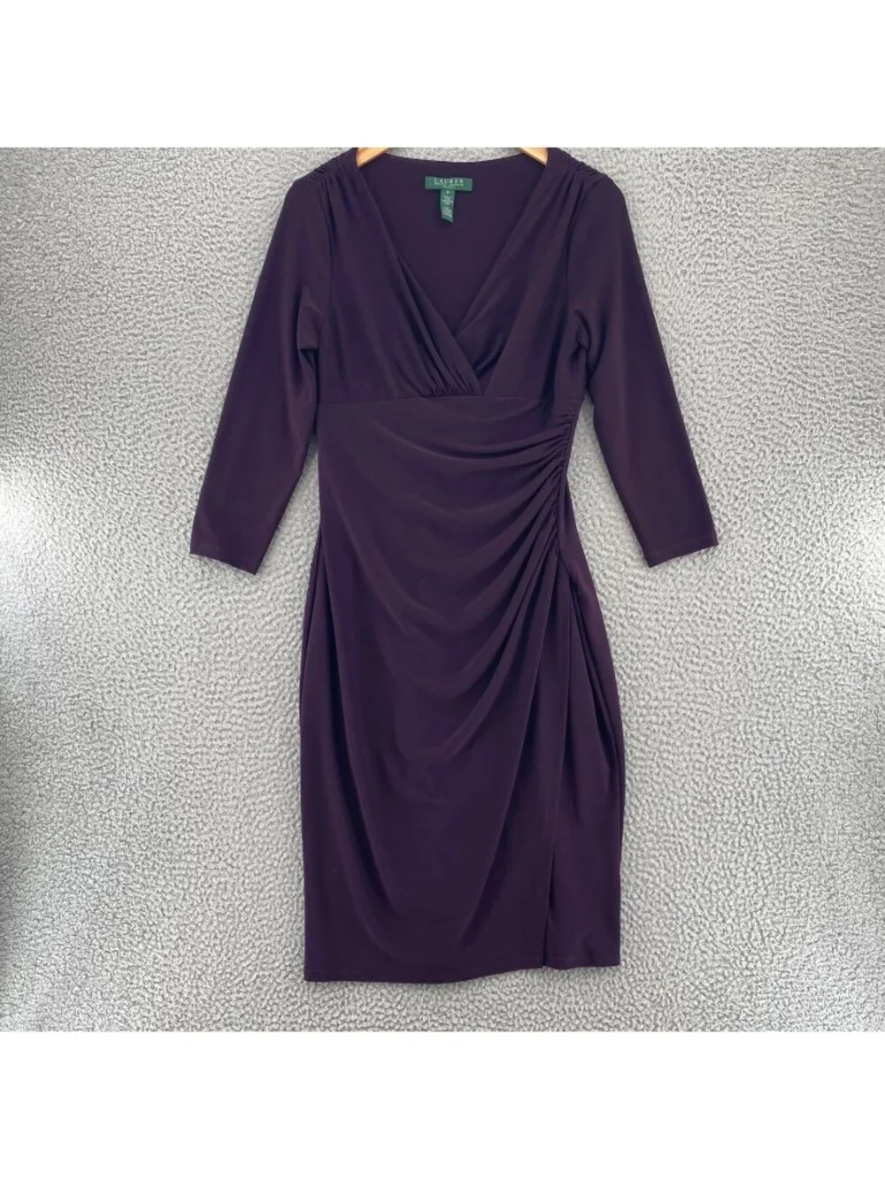 Lauren Ralph Lauren Dress Womens 6 Purple Surplice Faux Wrap 3/4 Sleeve Bodycon - Picture 1 of 11